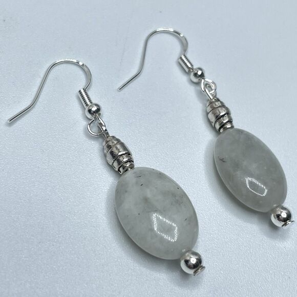 Artisan Silver Plated Light Gray Jade Stone Beaded Dangle Earrings Boho Cute - Picture 1 of 7